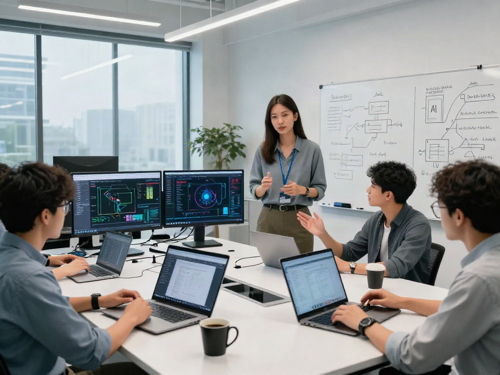 AI Detection collaboration in a modern tech lab with diverse team analyzing algorithms.