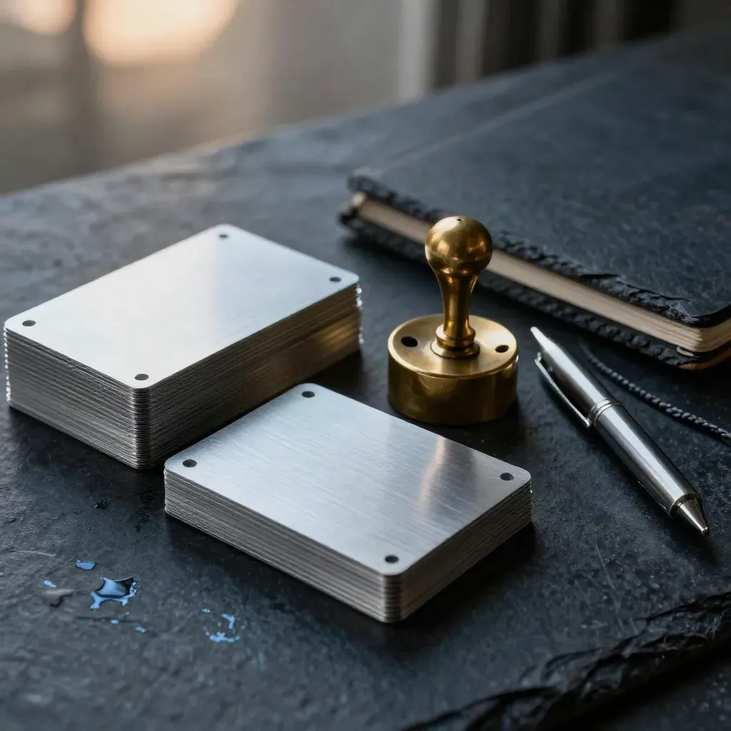 Workflow cards, brass paperweight, cable loop, pen, and slate notebook on black stone.