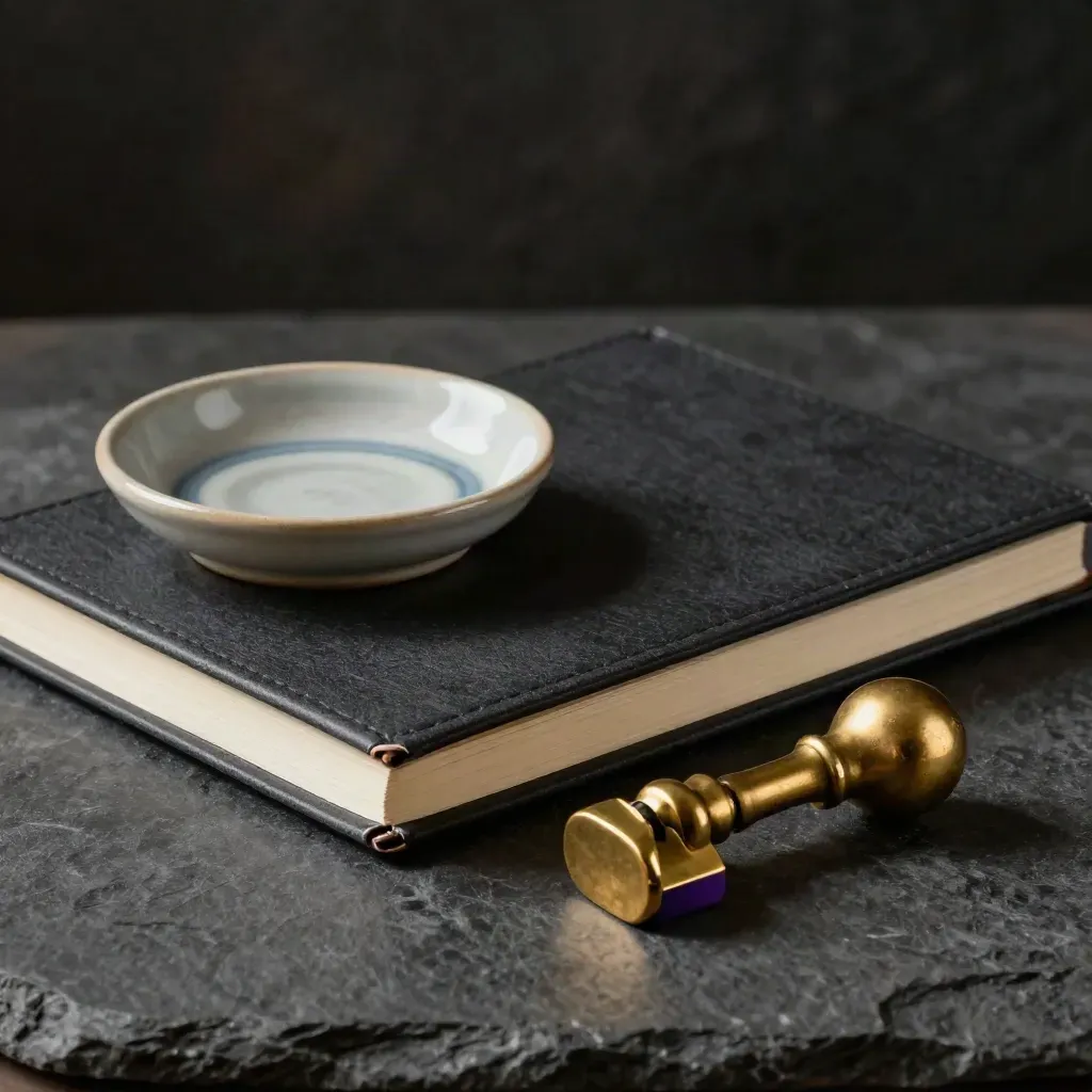 Dark notebook, ceramic dish, and brass weight on charcoal stone with a violet glint