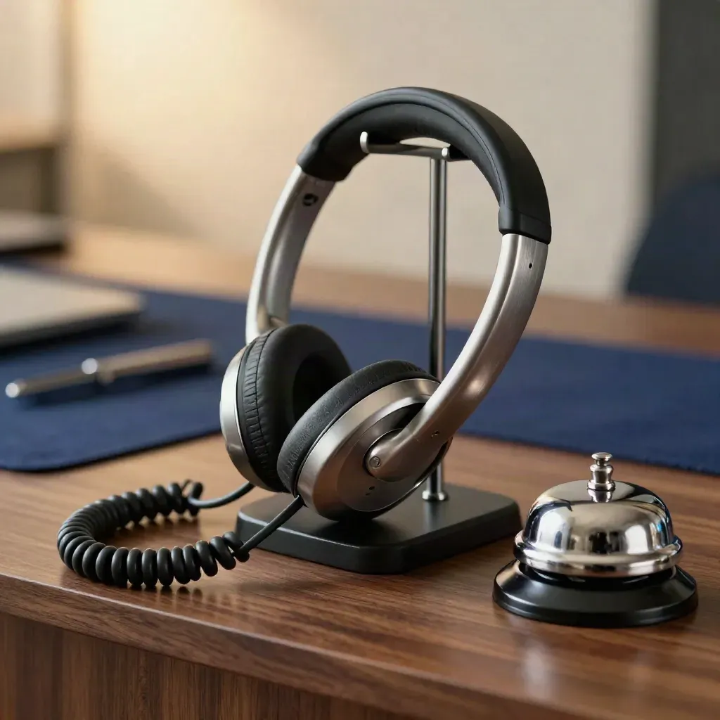 Macro still life of a headset stand, desk handset, and call bell on walnut.