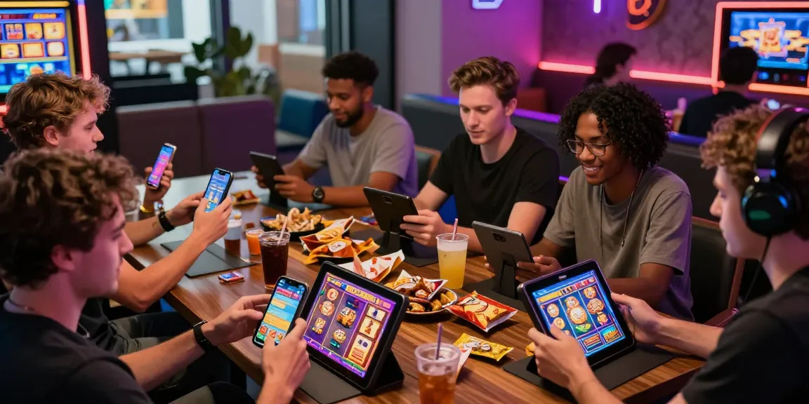 Engaging players enjoying deposit pulsa tanpa potongan slots on various devices in a vibrant gaming lounge.