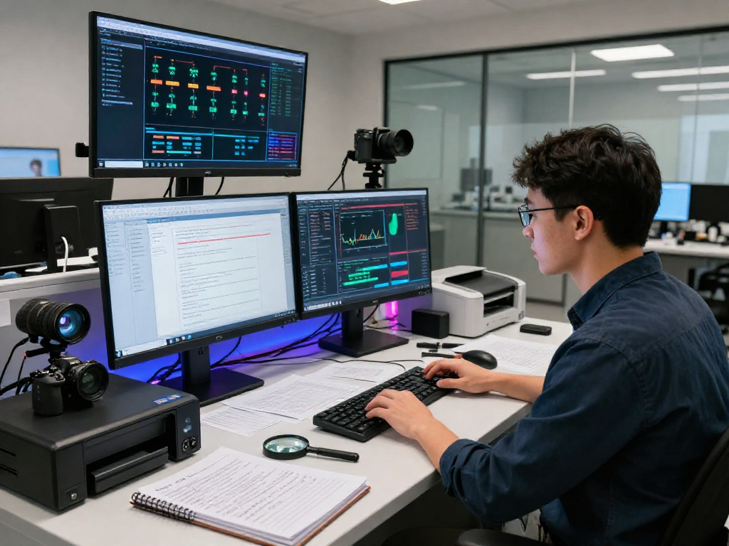 Comprehensive document fraud detection analysis in a high-tech lab showcasing advanced forensic techniques and sophisticated tools.