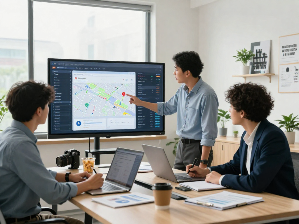 Operators discussing Google Maps SEO services in a modern office, showcasing innovative marketing strategies for local dominance.