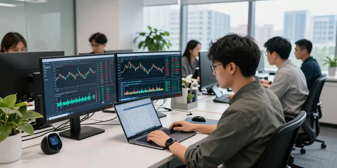 开发者在现代办公环境中实时分析期货WebSocket实时推送数据，突出技术氛围。