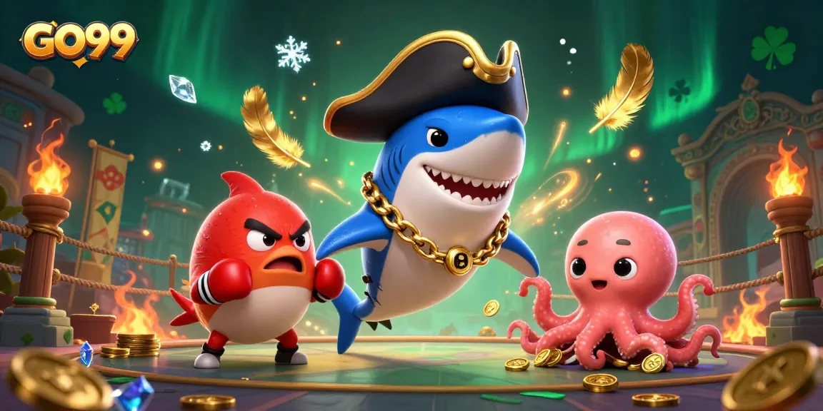 Engage with GO99's exciting 3D illustration showcasing a pirate shark and friends in a dynamic casino scene.