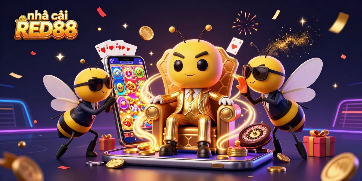 Engaging illustration of nhà cái RED88 with a charming bumblebee mob boss amidst a vibrant casino scene.