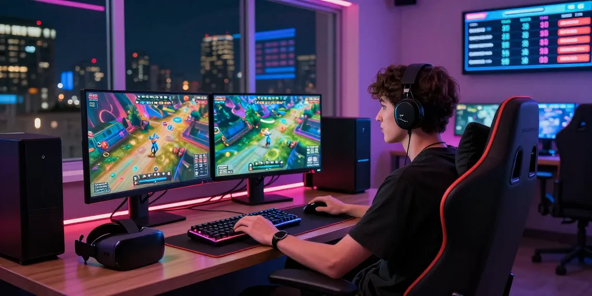 Engaging pakde4d gaming scene with dual monitors highlighting immersive Totomacau gameplay in a vibrant, futuristic environment.