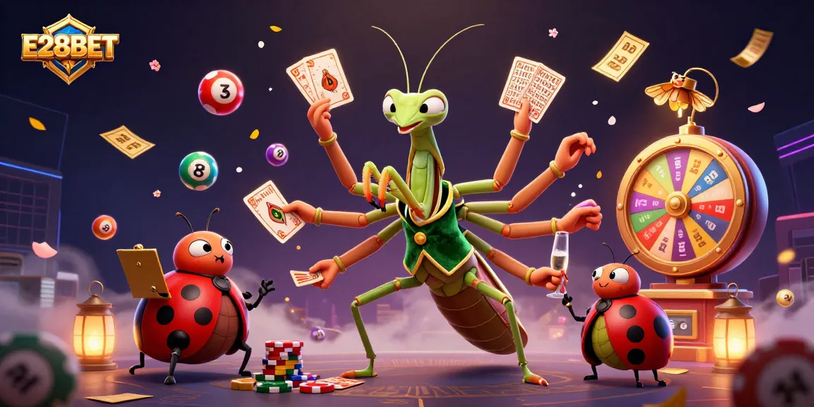 E28BET players enjoy a vibrant casino scene with a cartoon mantis dealer and lively game elements.