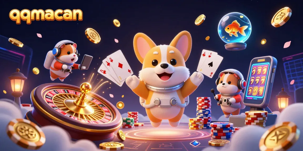 Enjoy gaming thrills with qqmacan as a floating corgi and friends explore a casino in space.