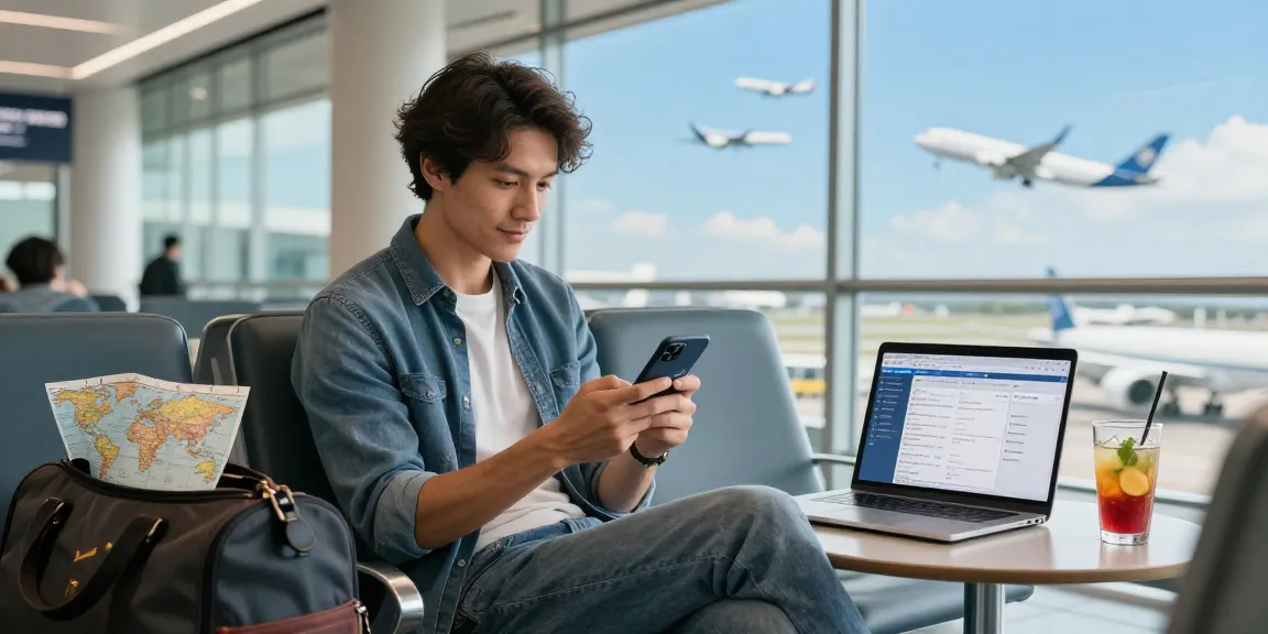 Utilizando eSIM Viaje, viajero revisa su itinerario desde un smartphone en el aeropuerto.
