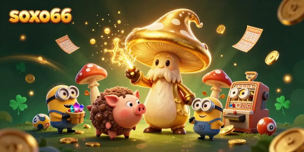 Engage with soxo66 lottery through dynamic 3D illustrations featuring gold wizards and magical elements.