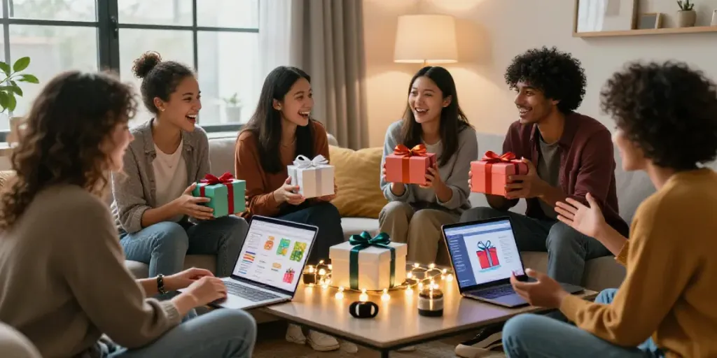 Engaged friends exploring AI generated gift guide content together in a cozy living room.
