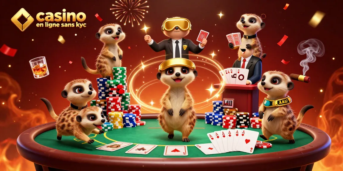 Profitez de l'excitation du casino en ligne sans KYC avec des suricates animés jouant aux cartes, entourés de jetons colorés.