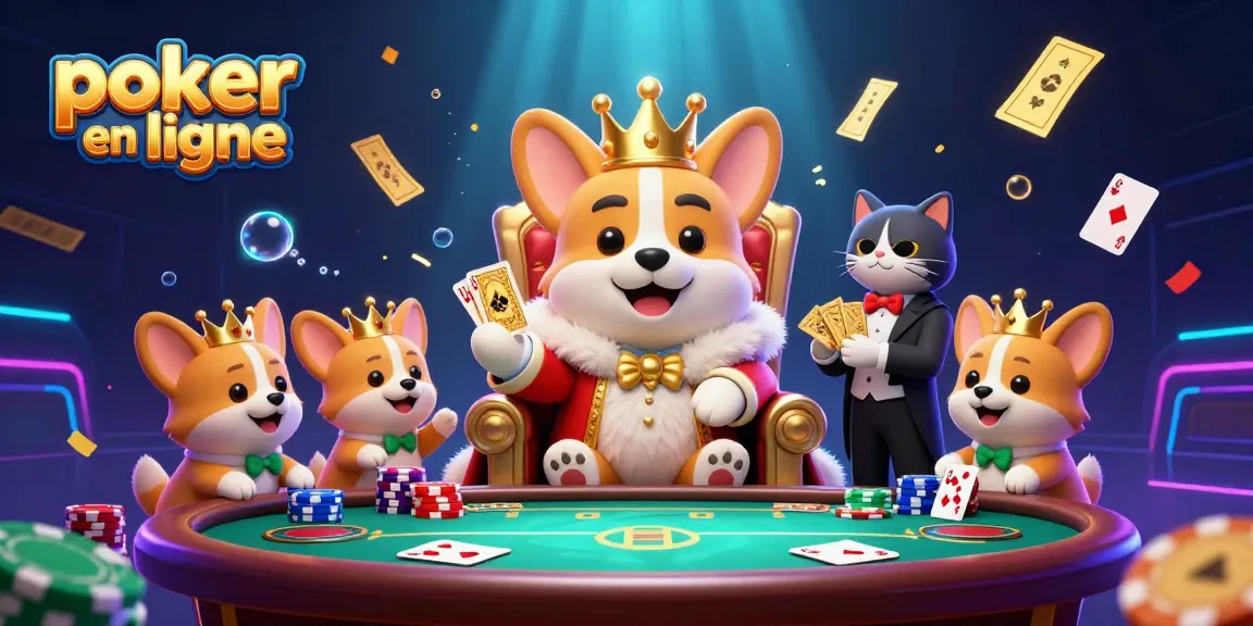 Jouez au poker en ligne avec des corgis royaux entourés d'éléments de jeu captivants.