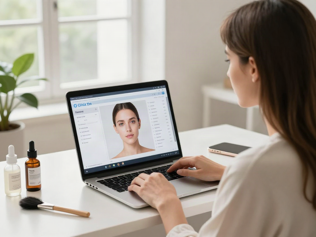 Woman using ClinicEvo cheaper than QOVES facial analysis tool in a bright, modern room.