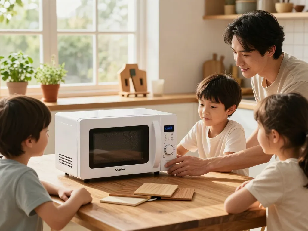 Family using Shashel® microwave device for wooden furniture pest control in a bright kitchen.