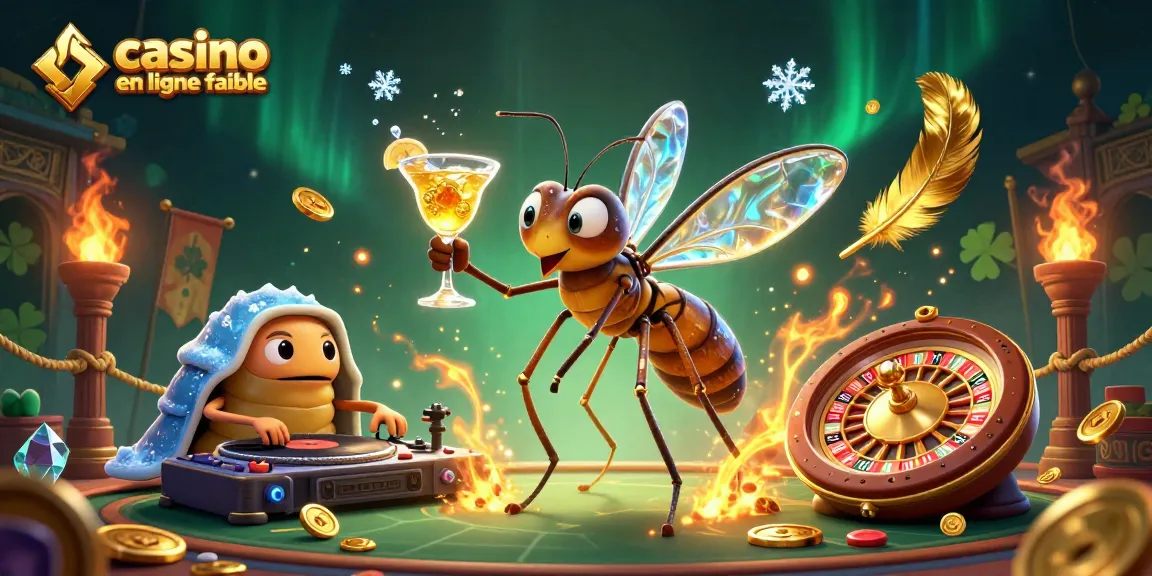 Illustration de casino en ligne fiable avec un moustique mascotte et un DJ trilobite en action.