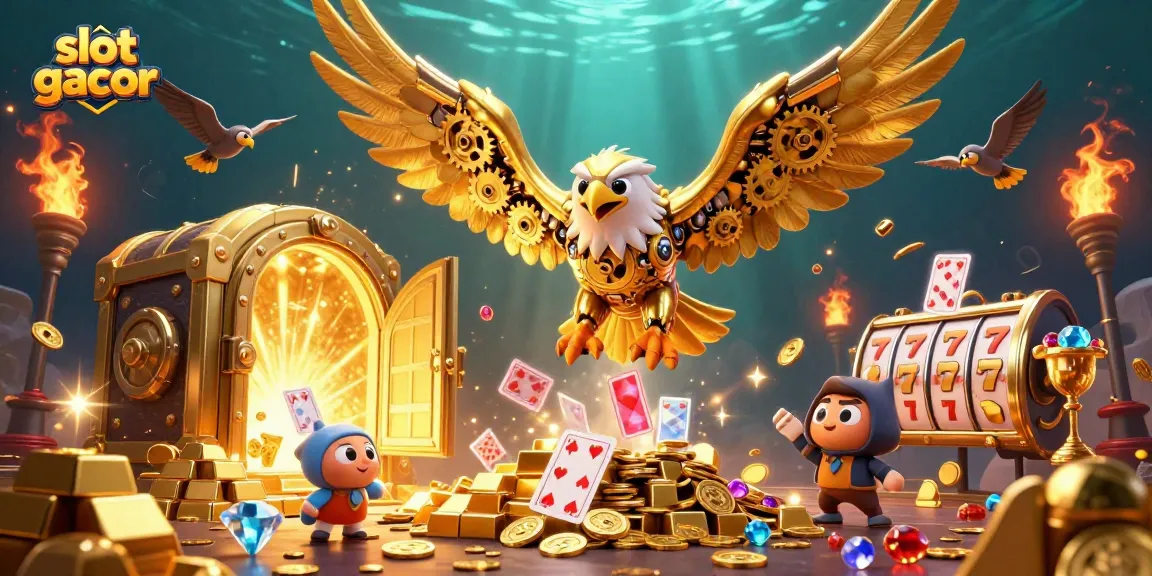 Slot gacor menarik perhatian dengan burung elang cybernetic terbang di tengah permainan kartu.