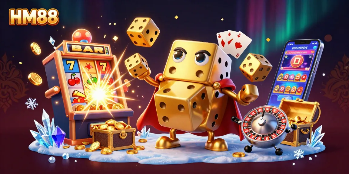 Experience thrilling gameplay at HM88 with a vibrant illustration of casino excitement and golden rewards.