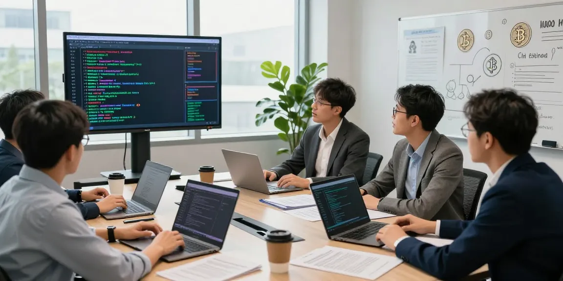 Team of experts analyzing ways to recover lost crypto in a modern office.