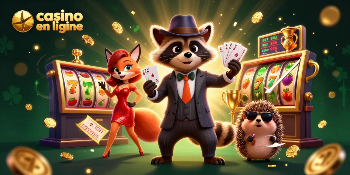Gagnez avec des machines à sous au casino en ligne illustré par un raton laveur élégant.
