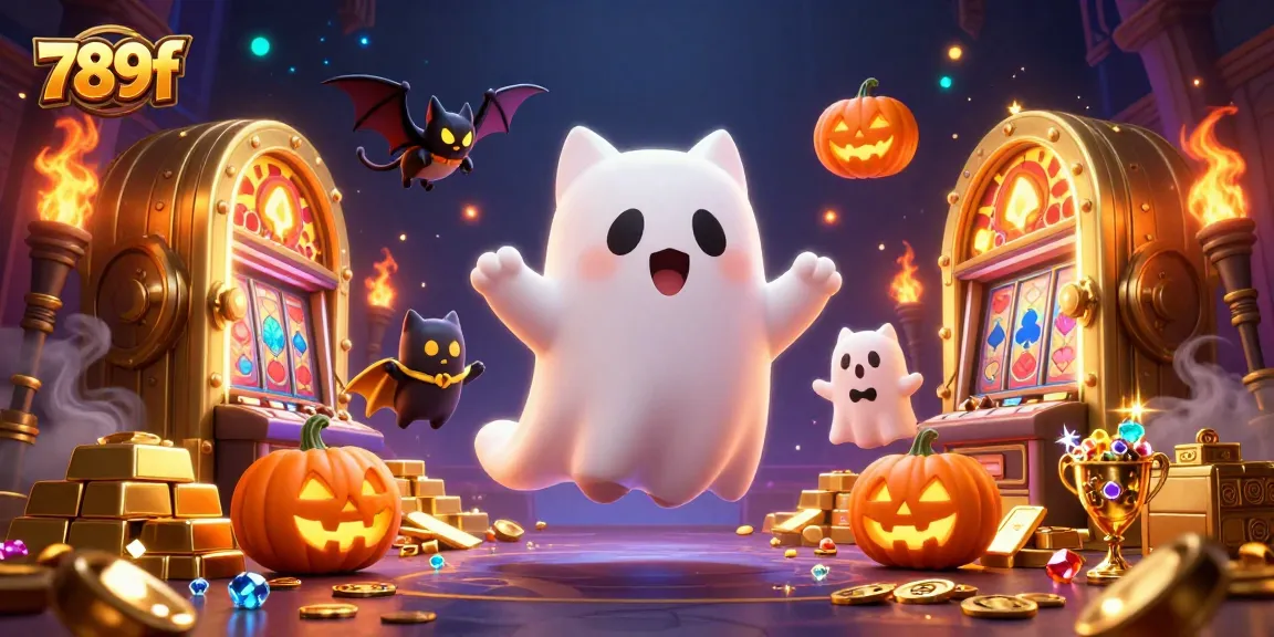 Experience thrilling gameplay with the animated 789f ghost cat and bat amidst casino treasures.