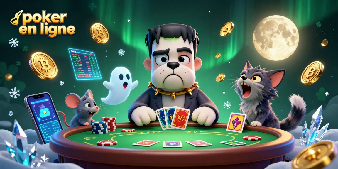 Jouer au poker en ligne sur une table avec un bulldog Frankenstein et un chat loup, ambiance amusante.