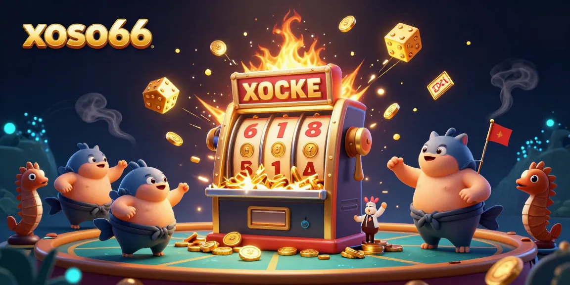 Experience the thrill of xoso66 with a vibrant slot machine jackpot scene featuring a fugu and catfish referee in a lively underwater setting.