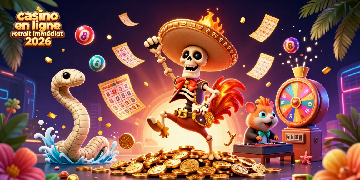 Des personnages festifs dans un casino en ligne retrait immédiat 2026 avec des ballons de loterie et des pièces dorées scintillantes.