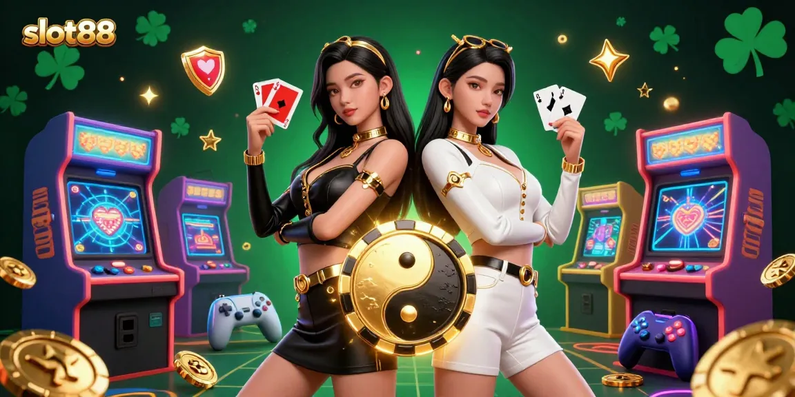 Engage with slot88 at this vibrant 3D casino scene featuring twin Asian women with playing cards amidst colorful arcade elements.