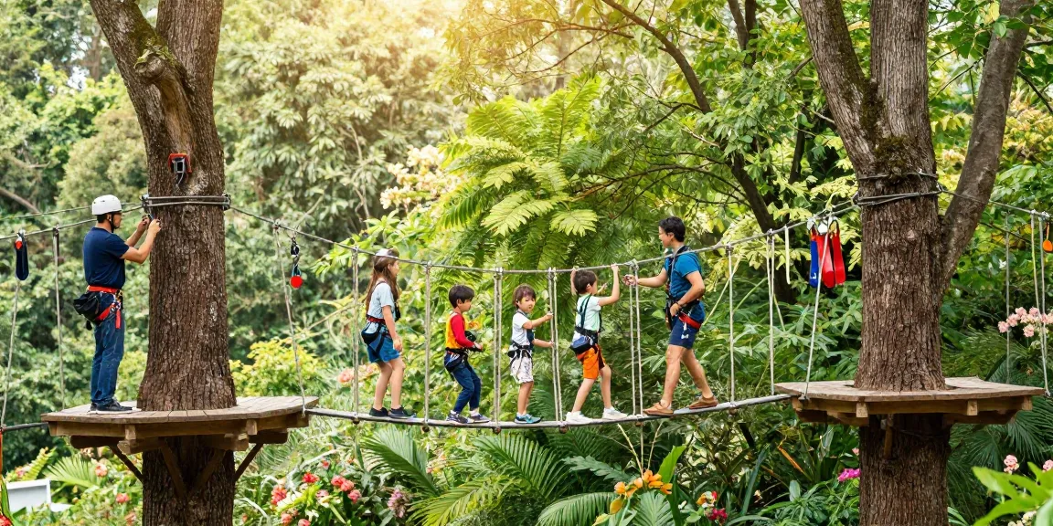 Family crossing a rope bridge design in a lush forest setting, showcasing outdoor adventure.
