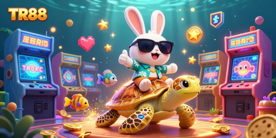 Experience TR88's vibrant online gaming with an adorable lucky rabbit and golden turtle in a colorful casino scene.