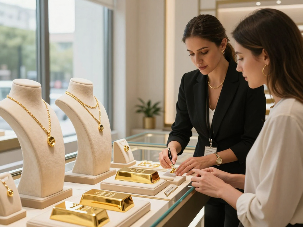Explore the luxurious gold jewelry display at https://bahraingoldprices.com/ featuring 24K gold bars and elegant designs.