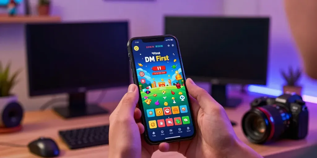 Engaged user playing on the DM First app, showcasing vibrant game elements and a modern gaming atmosphere.