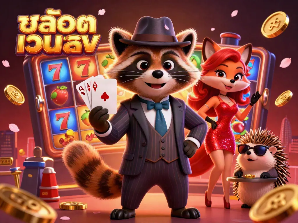 ภาพการ์ตูน 3D ของตัวละครหนูแรคคูนในชุดสูท ถือไพ่รอยัลฟลัชในบ่อนคาสิโนที่ตกแต่งด้วยสัญลักษณ์สล๊อต สล๊อตเว็บตรง