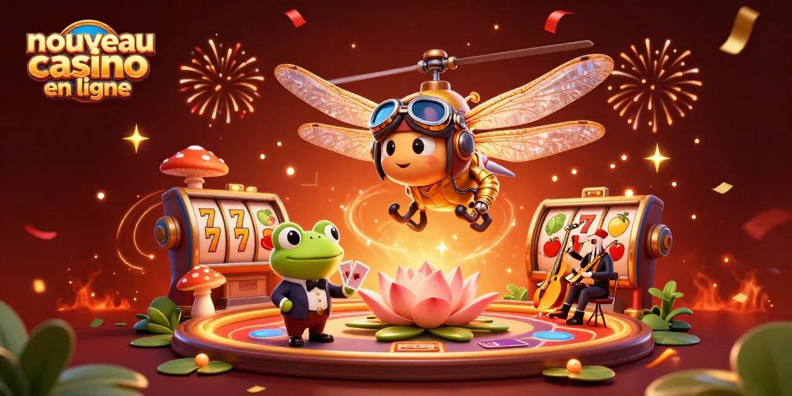 Nouvelle illustration d'un nouveau casino en ligne avec des personnages animés au-dessus de machines à sous.
