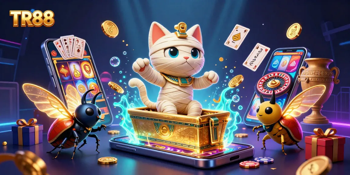 Spin winning reels at TR88 casino with a vibrant mummy cat bursting from a sarcophagus.