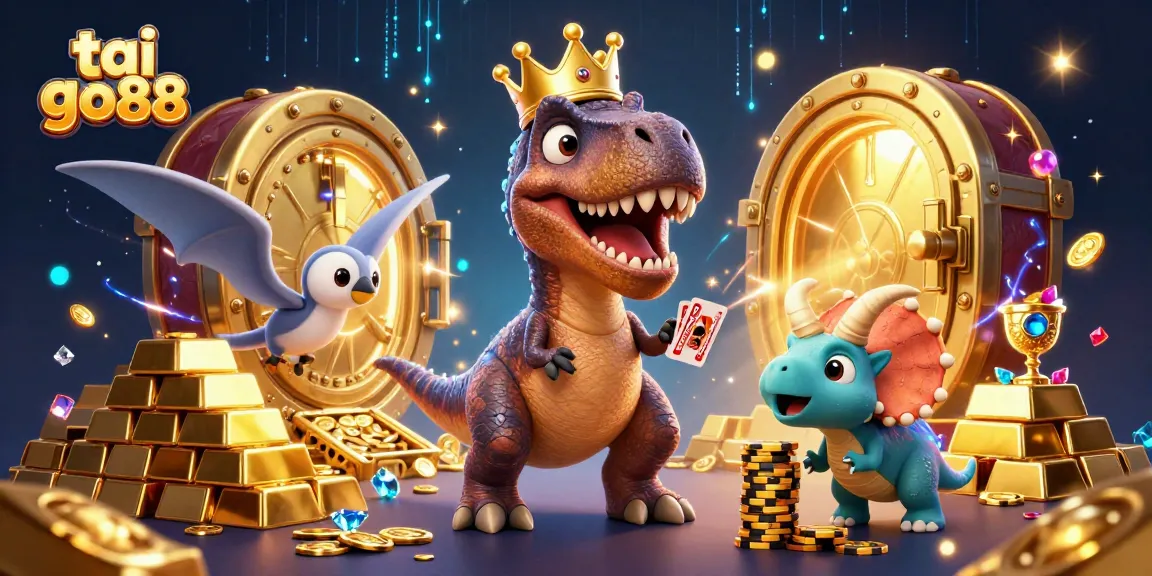 Experience the thrill of tai go88 as a T-Rex shuffles cards while vibrant treasures surround in a casino scene.
