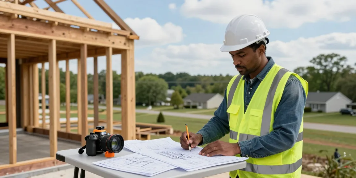 Engineer conducting structural integrity assessment missouri at residential property with measuring tools and blueprints