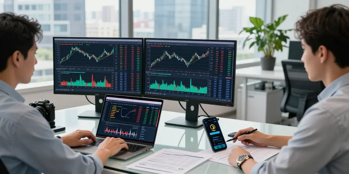 Dynamic trading scene featuring a finance professional analyzing crypto trends at https://crypto-reviews.ru/okx-v-kazahstane/ with dual monitors and urban backdrop.