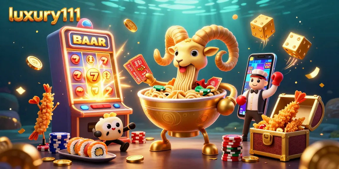 Experience the exciting gameplay of luxury111 as a golden ramen bowl character engages in a dynamic casino scene surrounded by vibrant game elements.