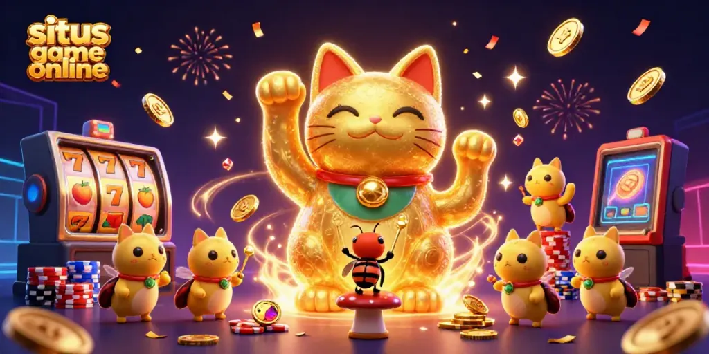 Engage with the exhilarating world of situs game online featuring a dynamic golden lucky cat and vibrant casino elements.