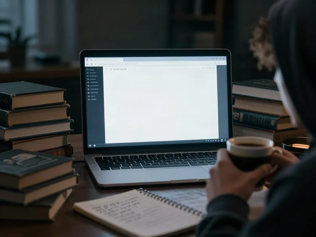 Engaging view of a laptop screen showing the hidden wiki dark web, surrounded by an atmospheric room with technical books and cryptic notes.