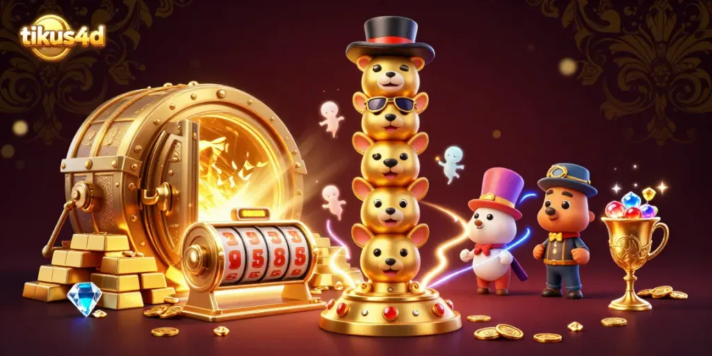 Engage in thrilling casino experiences with tikus4d's vibrant 3D illustration featuring dynamic game elements and a golden totem.