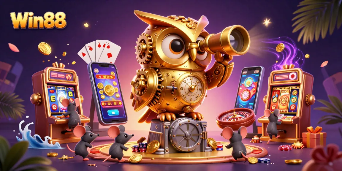 Win88 showcases a vibrant 3D illustration with a golden owl and whimsical mice amidst exciting casino games.