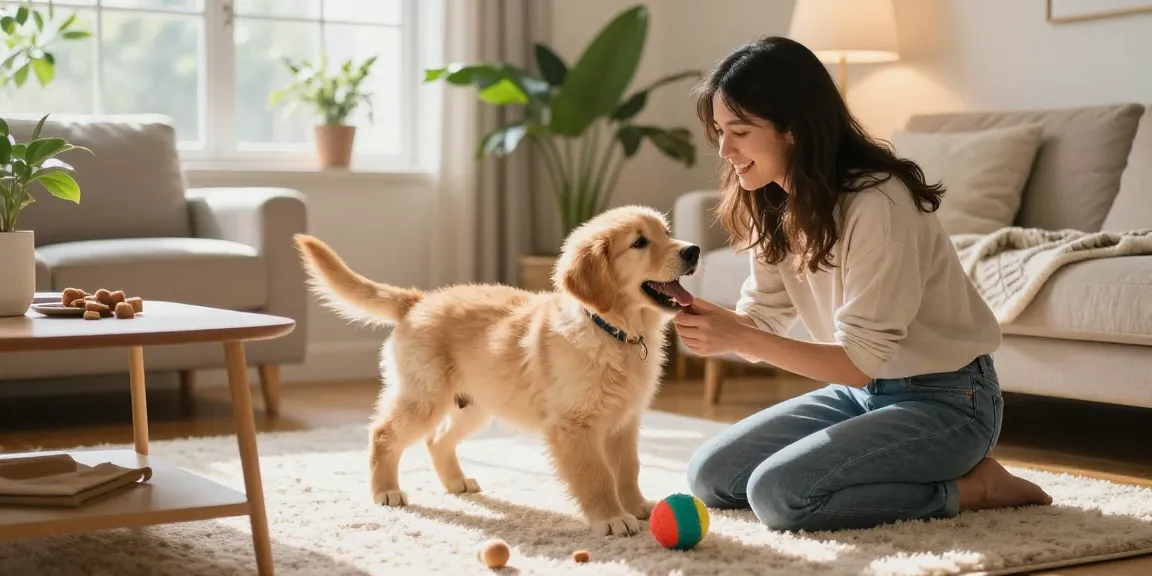 Playful moment with NAGA2000 puppy and owner in cozy home setting