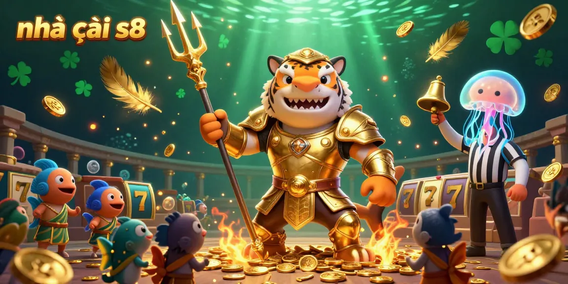 Engage with Nhà cái s8 in this vibrant 3D casino scene filled with slot reels, gold coins, and exciting action.