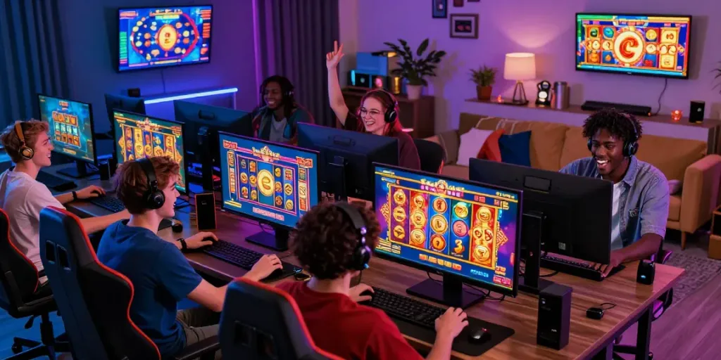 Players enjoying mposlot games on multiple devices in a lively gaming environment.