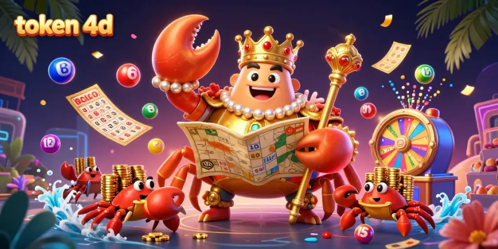 Raih kemenangan luar biasa dengan token 4d, dikelilingi bola lotere berwarna dan tiket emas yang berkilauan.