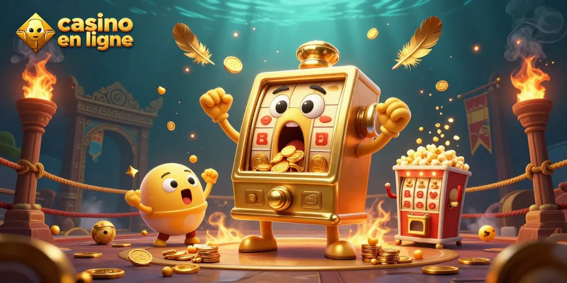 Les machines à sous s'animent dans un casino en ligne, découvrant des jackpots et des pièces dorées.